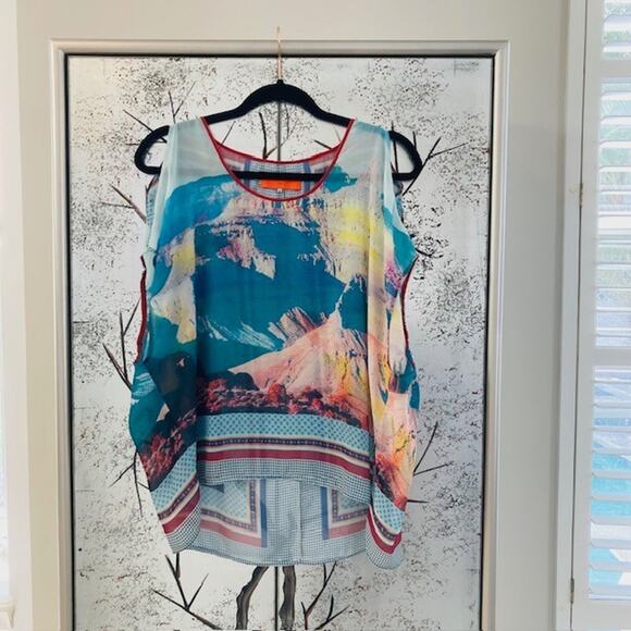 Clover Canyon Womens Size Small Multi Print Semi Sheer Hi Lo Relaxed Fit Top - Picture 1 of 10